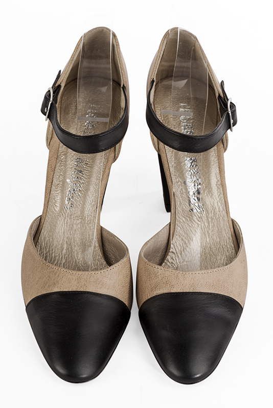 Satin black and tan beige women's open side shoes, with an instep strap. Round toe. High block heels. Top view - Florence KOOIJMAN